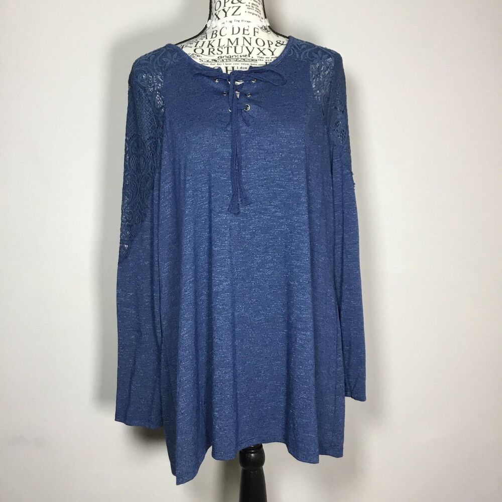 Blue lace long sleeve criss cross lace up renaissance top peasant wench hippie L